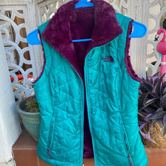 Reversible teal/purple The North Face fuzzy vest - Picture 1 of 4